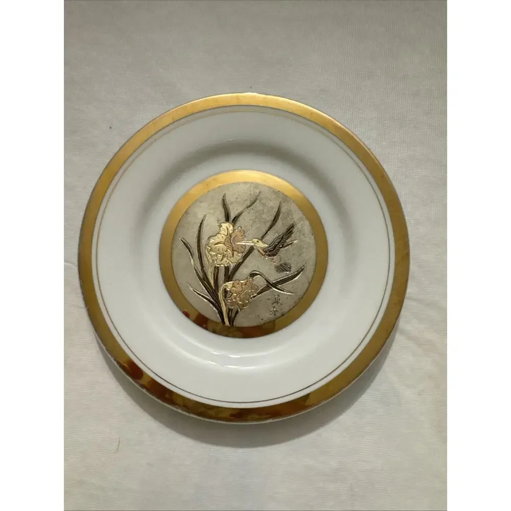Vintage Japan Art Of Choking Porcelain Hummingbird Plate W24Kt Gold Silver